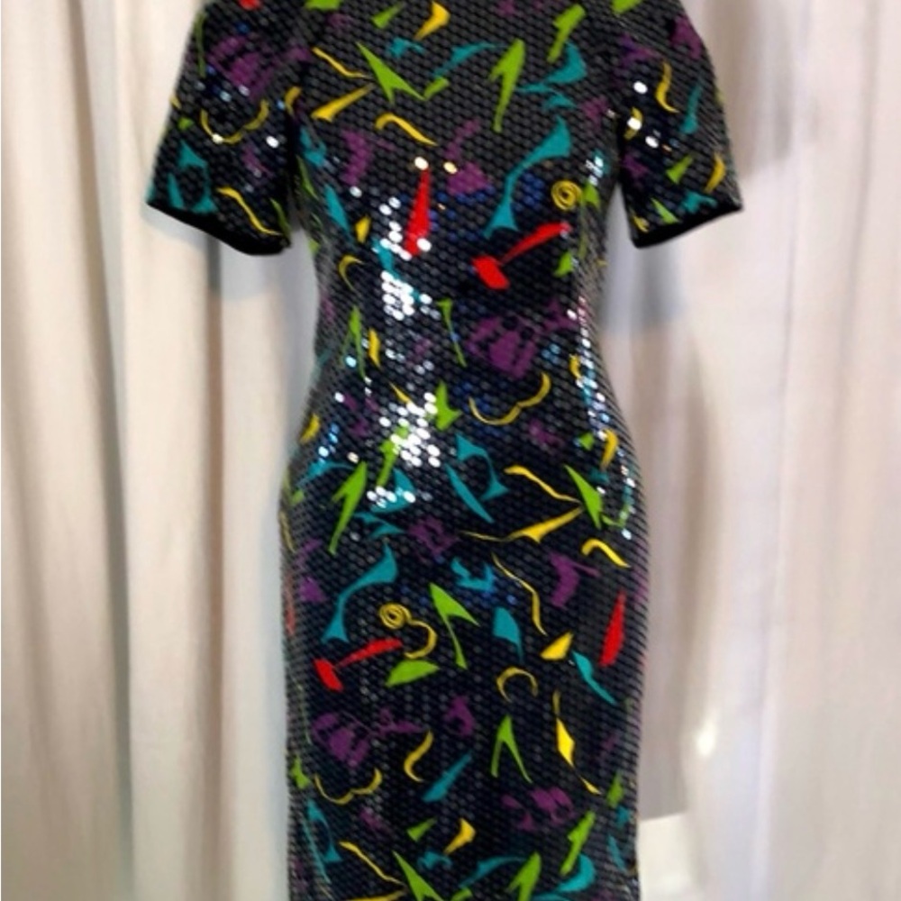 Vintage 80’s Lillie Rubin Colorful Abstract Clear Sequin Patterned Dress